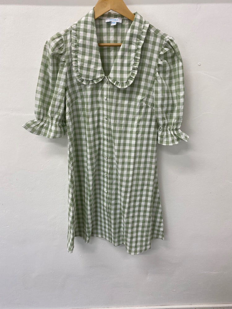 Gorgeous BLUE VANILLA Dress Uk8 Sage Green & white gingham EK001
