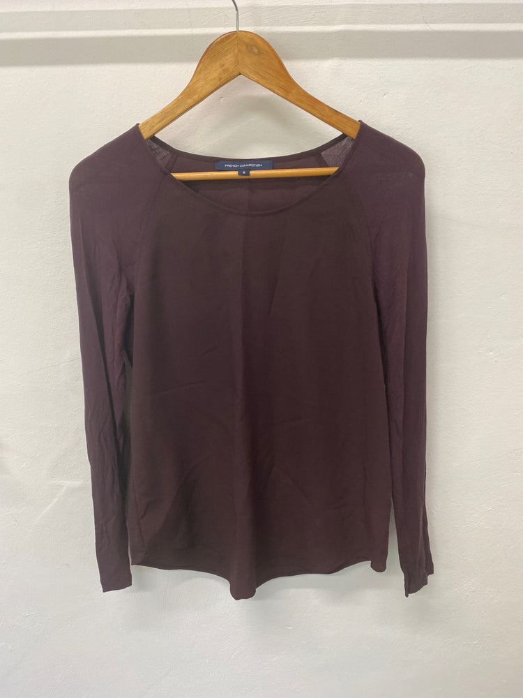 Gorgeous French Connection Long Sleeve Top UKS Maroon semi sheer sleeves LF003