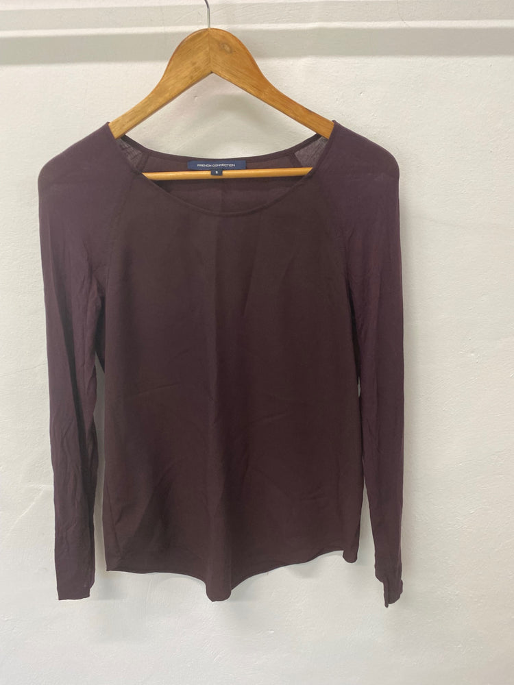 Gorgeous French Connection Long Sleeve Top UKS Maroon semi sheer sleeves LF003