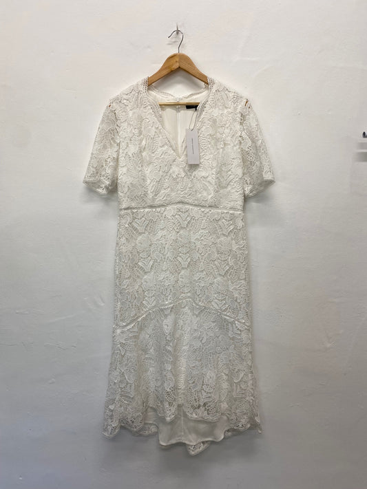 Fabulous French Connection Midi Dress Uk16 White Broderie overlay occasion events BM051