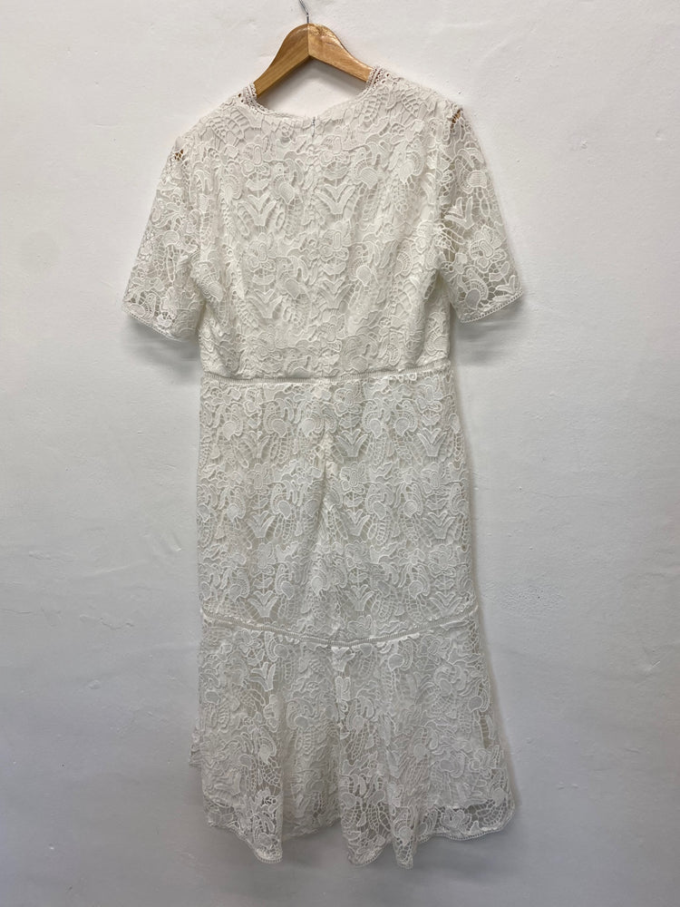 Fabulous French Connection Midi Dress Uk16 White Broderie overlay occasion events BM051