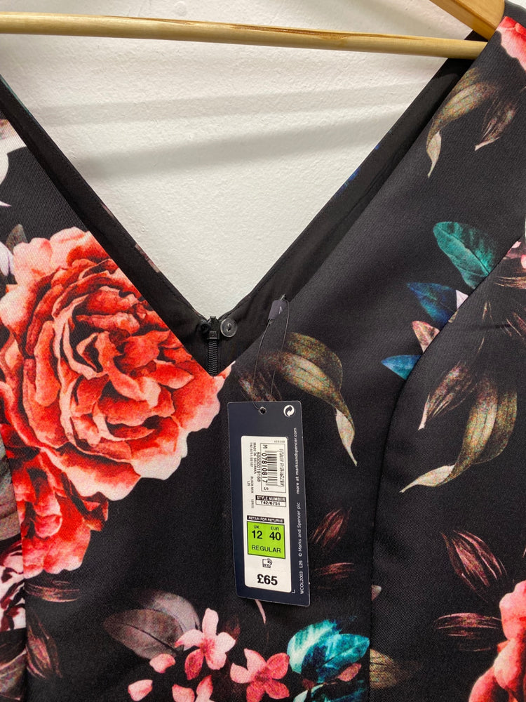 Fabulous M&S Occassion Dress UK12 Black oriental floral romantic Parties BM051