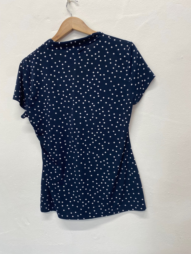 Amazing DKNY Wrap type Top UK L Navy blue & white polka dots KM002