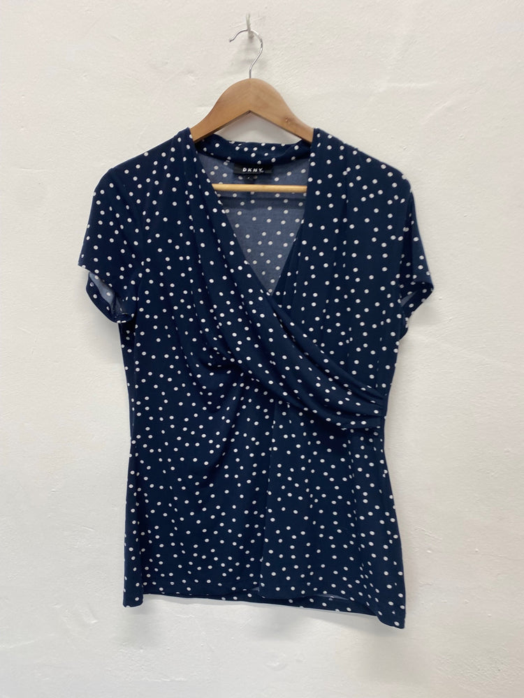 Amazing DKNY Wrap type Top UK L Navy blue & white polka dots KM002