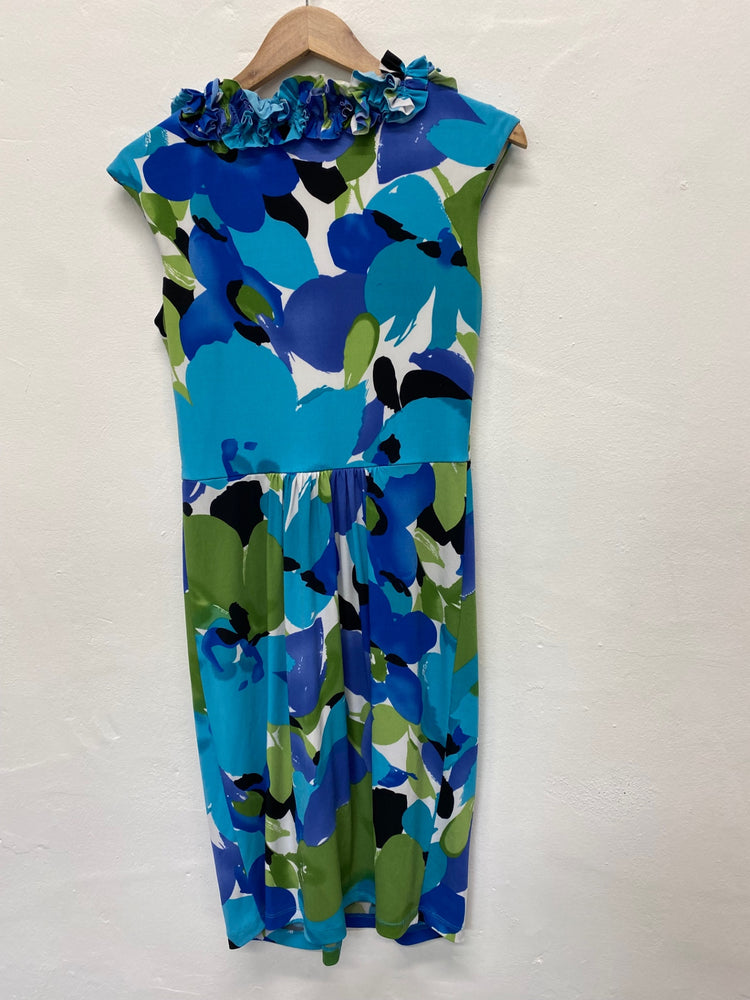 Amazing Maggy London Summer Dress UK6 Turquoise Tropical ruffle AF003
