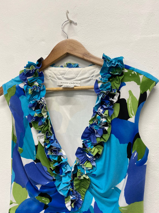 Amazing Maggy London Summer Dress UK6 Turquoise Tropical ruffle AF003