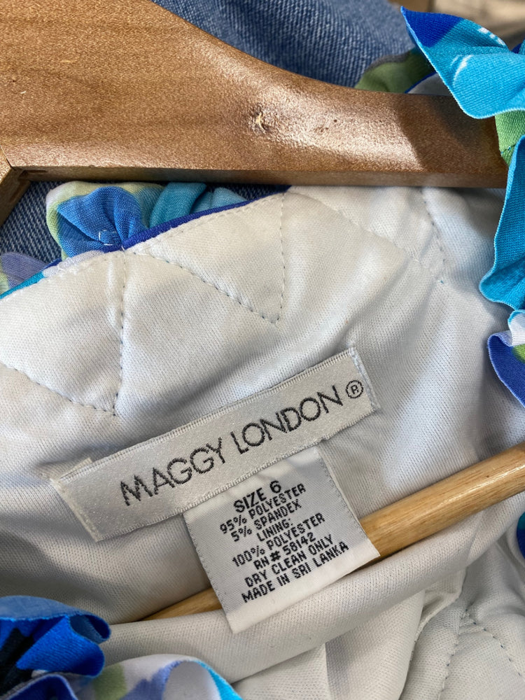 Amazing Maggy London Summer Dress UK6 Turquoise Tropical ruffle AF003