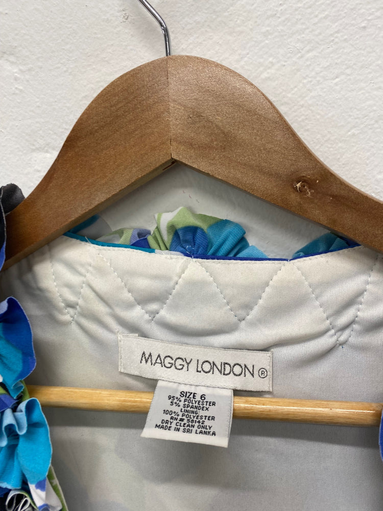 Amazing Maggy London Summer Dress UK6 Turquoise Tropical ruffle AF003