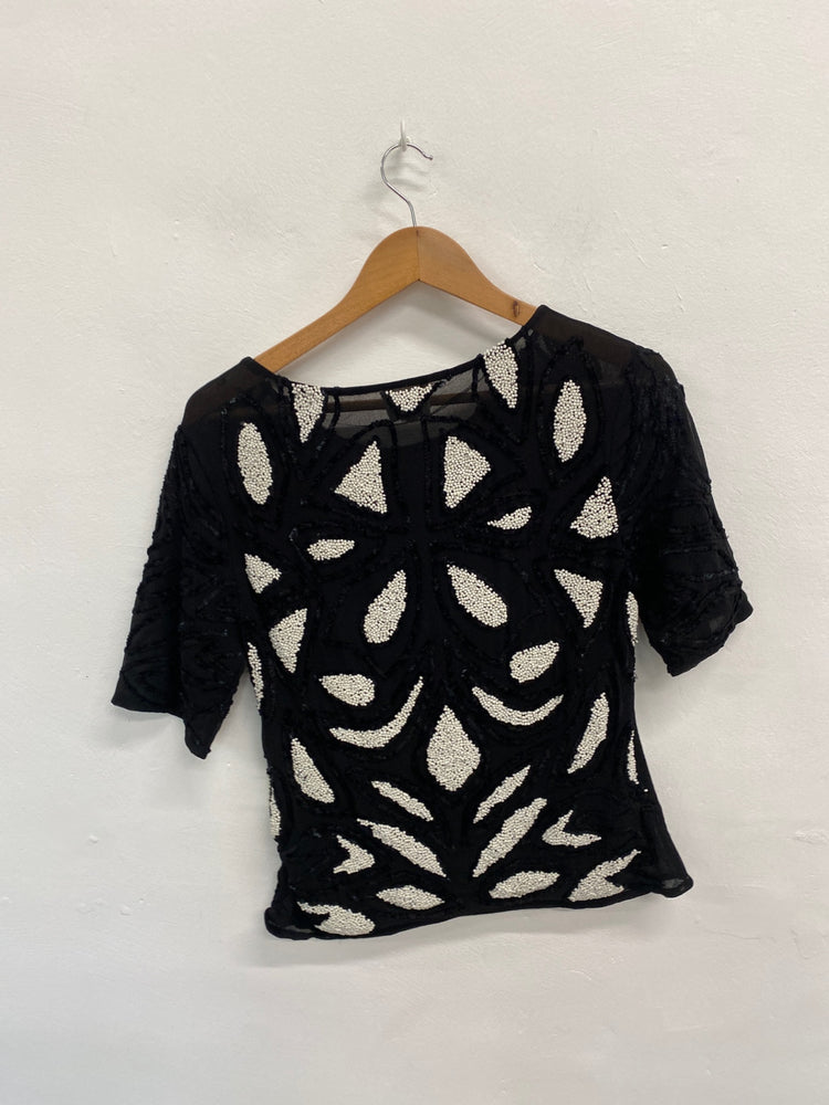 Amazing REISS Top UK10 Black beaded white pattern AF003