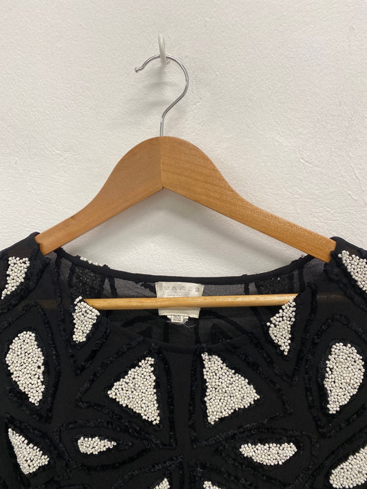 Amazing REISS Top UK10 Black beaded white pattern AF003