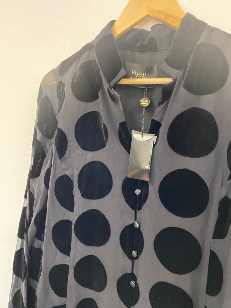 Amazing Viyella party Blouse Uk8 Black spotted velvet detail New HT149