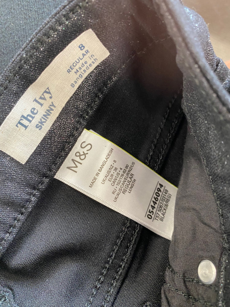 Amazing Marks & Spencers Skinny metallic sparkle trousers UK8 Black Coated The Ivy HT149