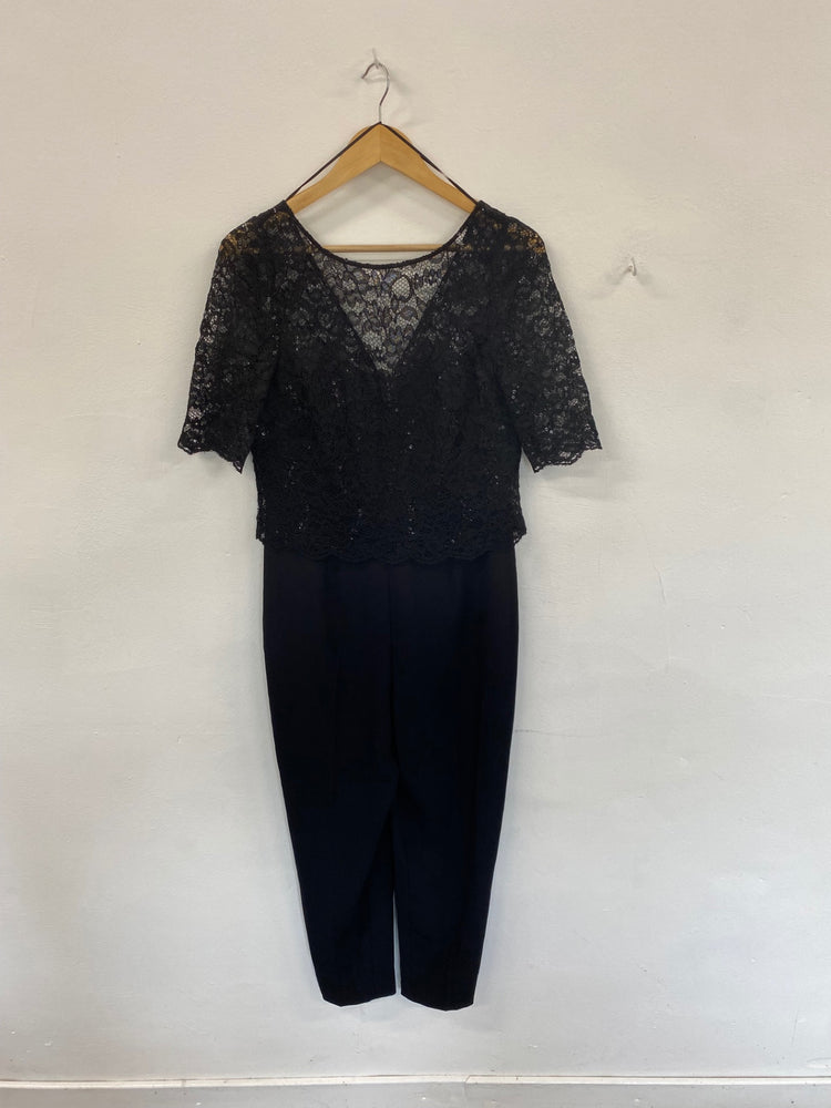 Amazing Jacques Vert occasion Events Jumpsuit UK10 Black Broderie top glamour HT149