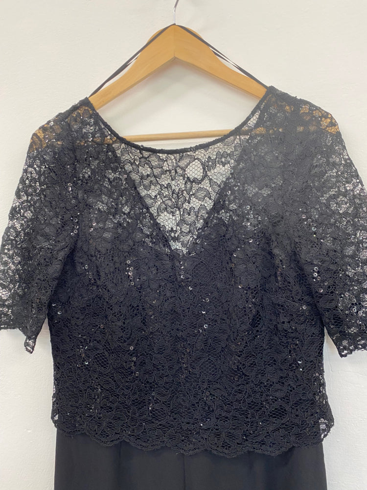 Amazing Jacques Vert occasion Events Jumpsuit UK10 Black Broderie top glamour HT149