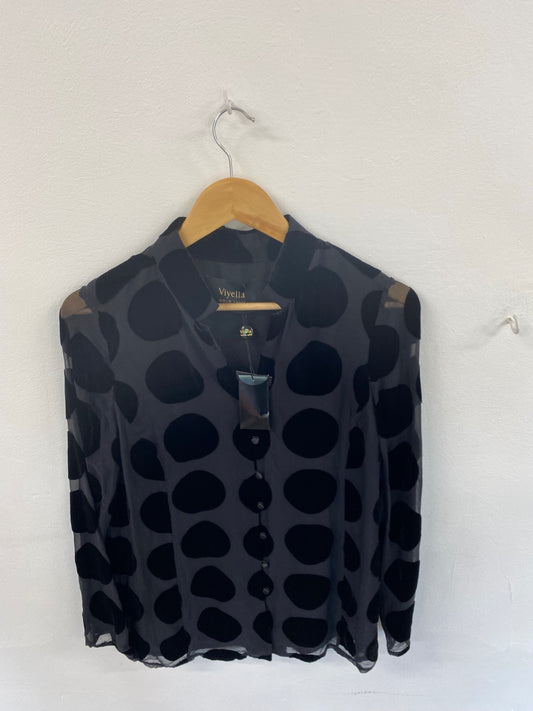 Amazing Viyella party Blouse Uk8 Black spotted velvet detail New HT149