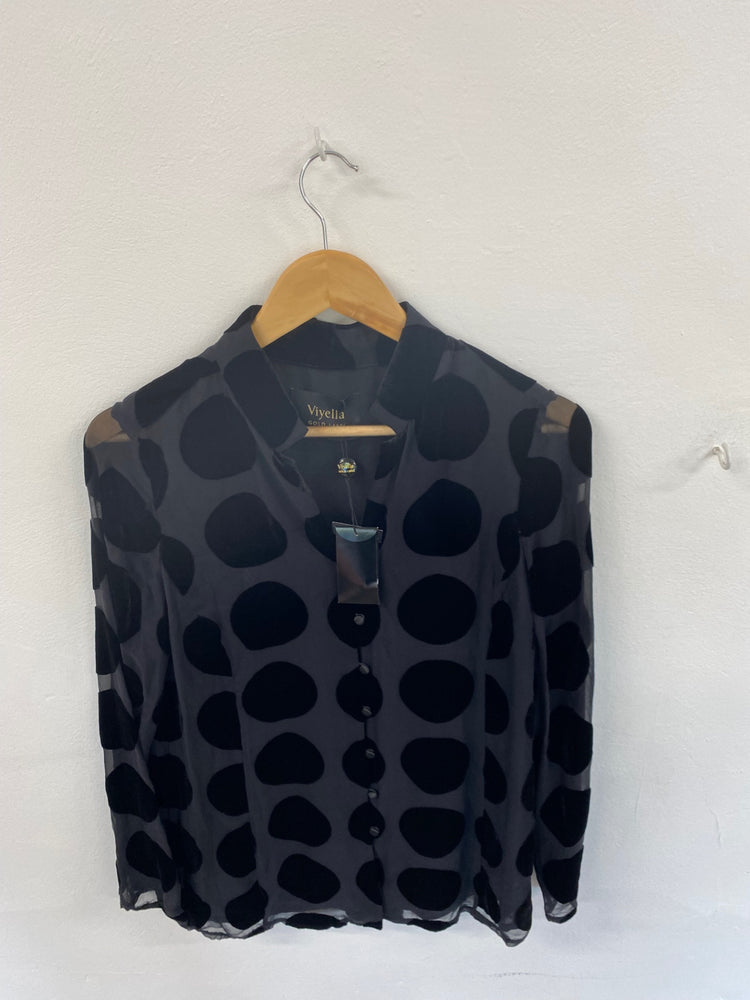 Amazing Viyella party Blouse Uk8 Black spotted velvet detail New HT149