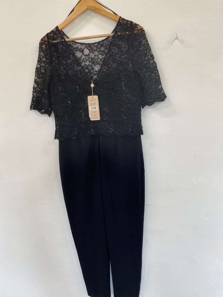 Amazing Jacques Vert occasion Events Jumpsuit UK10 Black Broderie top glamour HT149