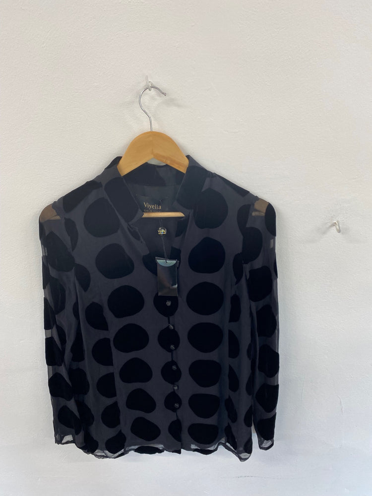 Amazing Viyella party Blouse Uk8 Black spotted velvet detail New HT149