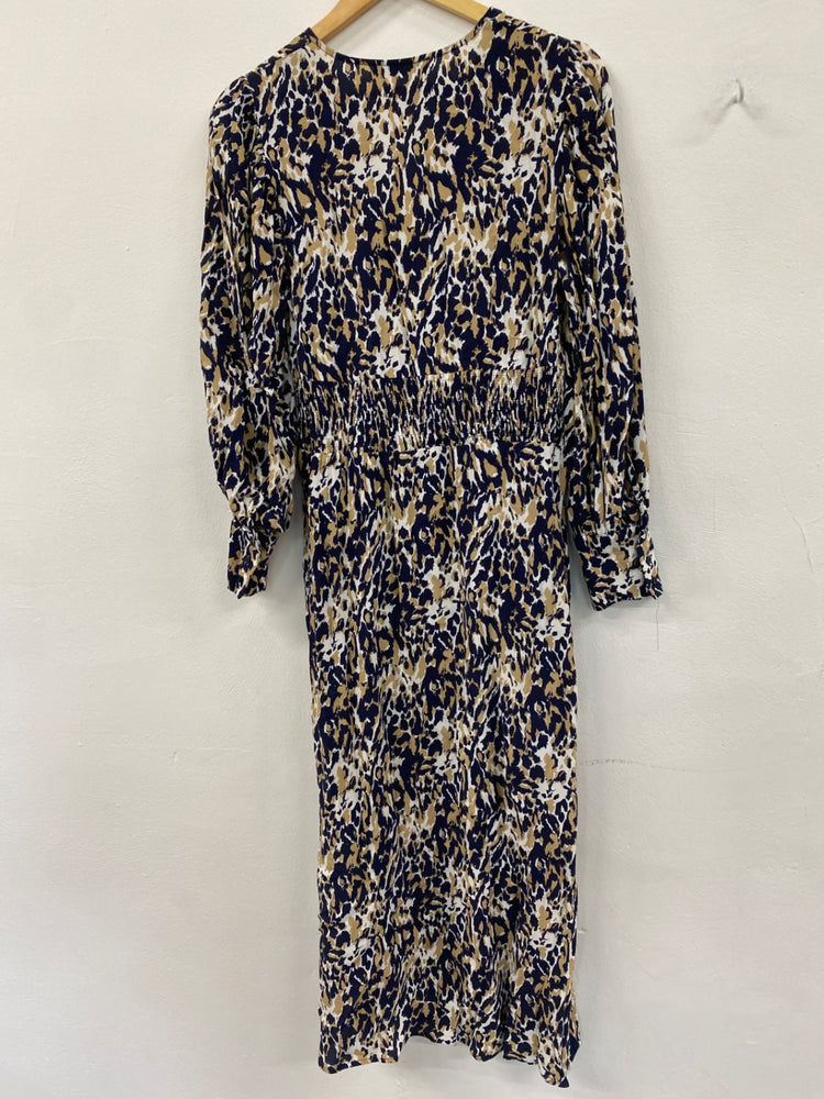 Amazing M&S animal print midi tea Dress UK6 Navy Beige amazing cuffs HT149