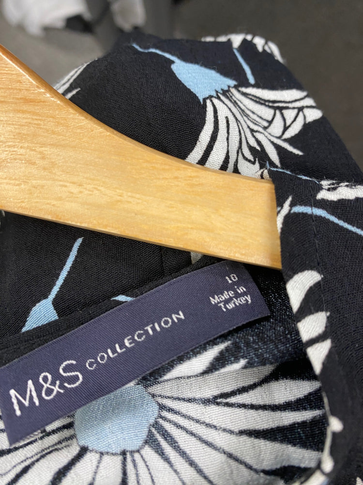 Amazing M&S floral baby blue midi tea Dress UK10 Black HT149