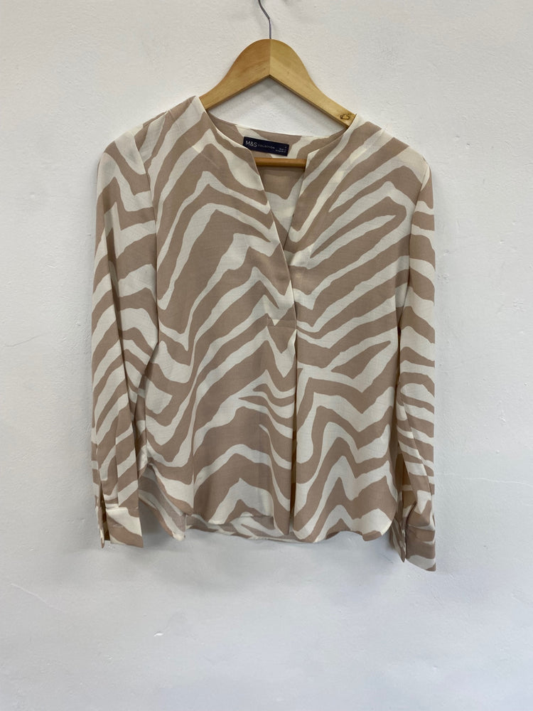 Amazing M&S Collection zebra Blouse Uk8 Beige & White linen vibes HT149