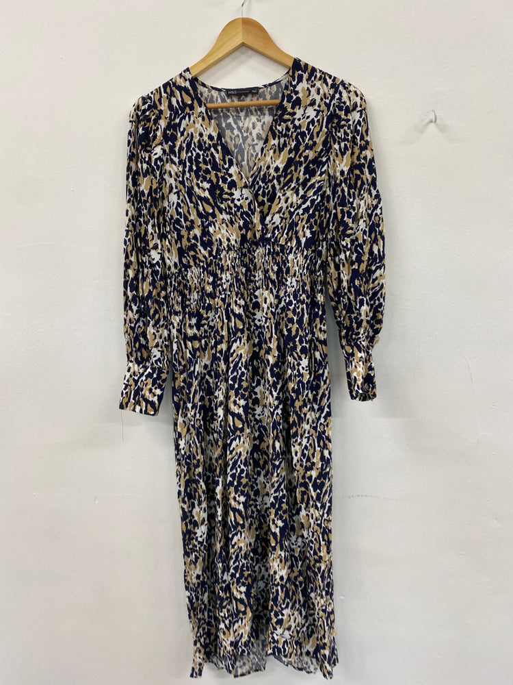 Amazing M&S animal print midi tea Dress UK6 Navy Beige amazing cuffs HT149