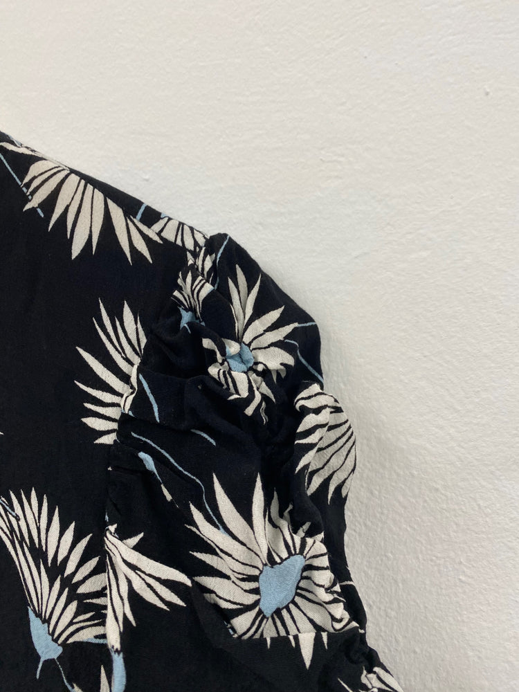 Amazing M&S floral baby blue midi tea Dress UK10 Black HT149