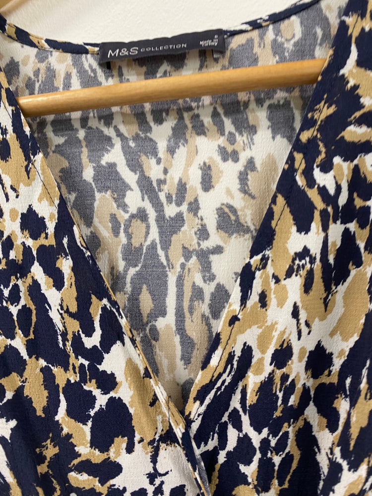 Amazing M&S animal print midi tea Dress UK6 Navy Beige amazing cuffs HT149