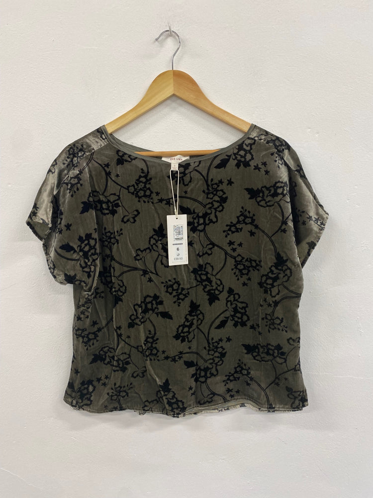 Amazing Per Una velvet Blouse UK6 Olive Green Black swirls oriental HT149