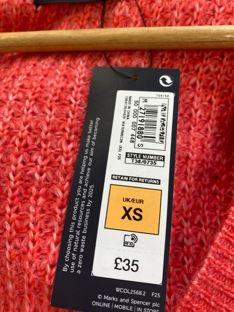 Amazing M&S wool blend knitted oversized Cardigan UkXS Pink red HT149