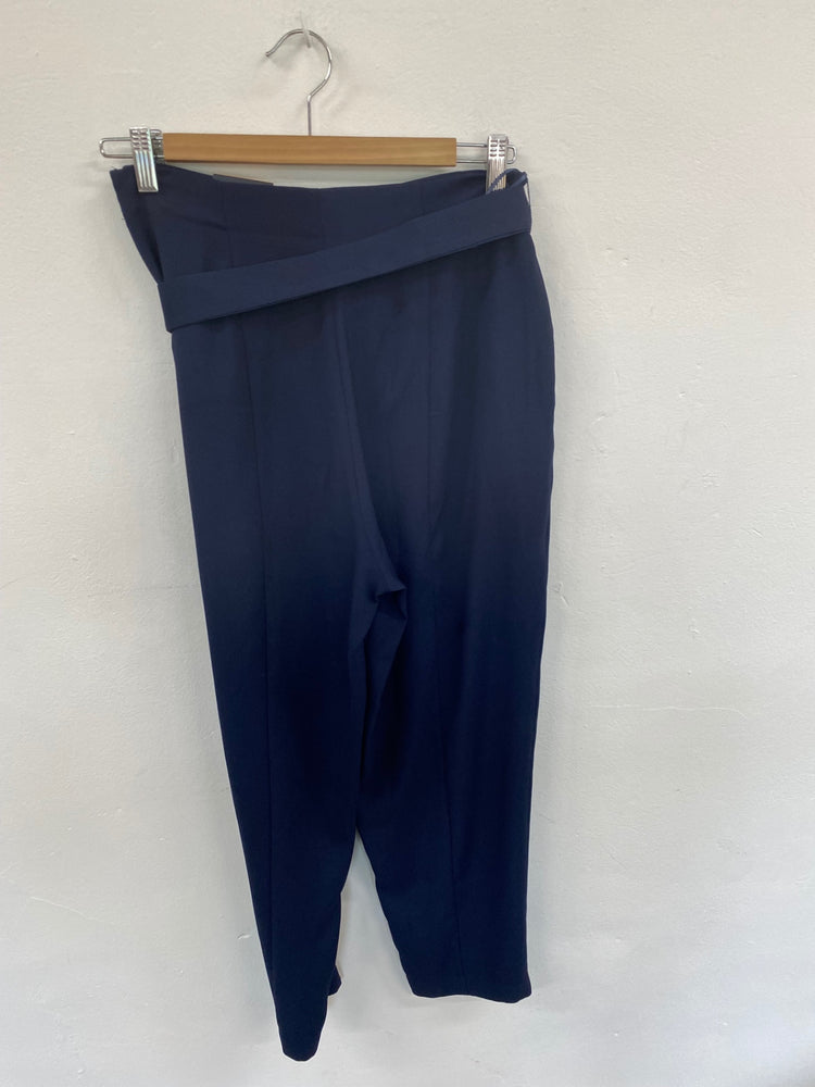 Fabulous M&S Tailored High Rise Tapered trousers UK10 Navy Belted HT149