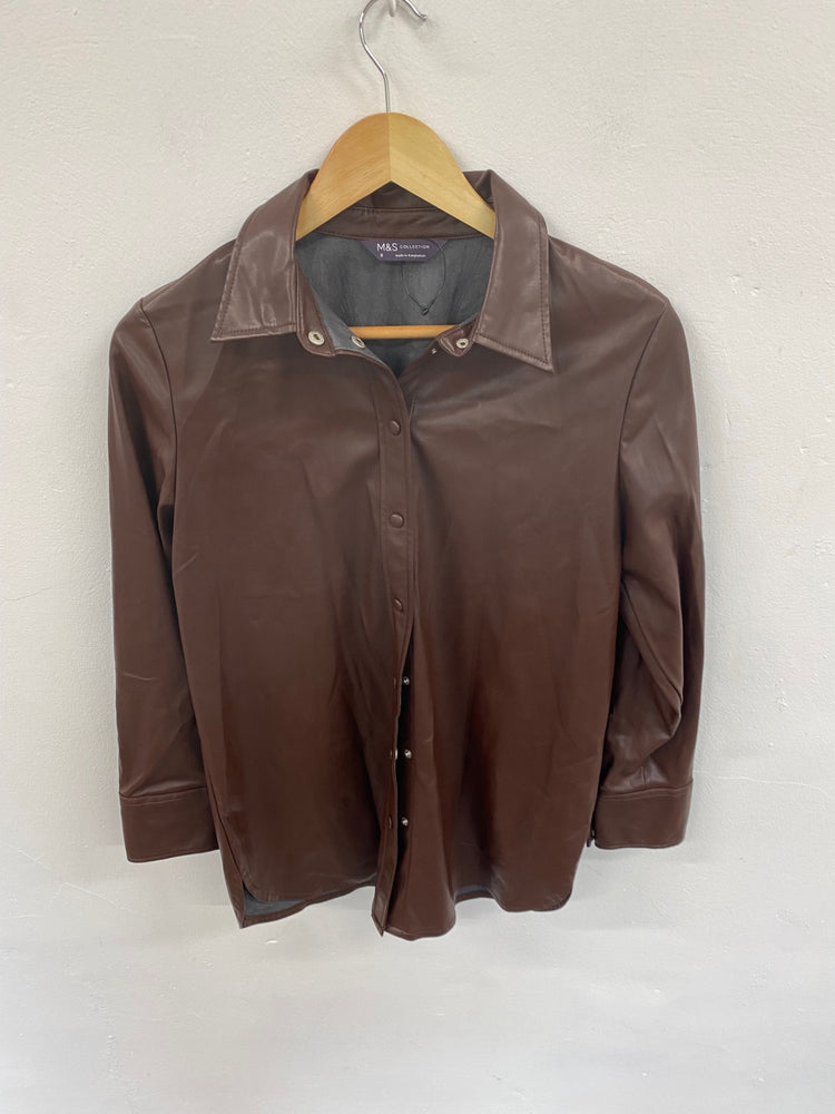 Fabulous M&S Collection faux leather longline Shirt UK8 Brown Chocolate HT149