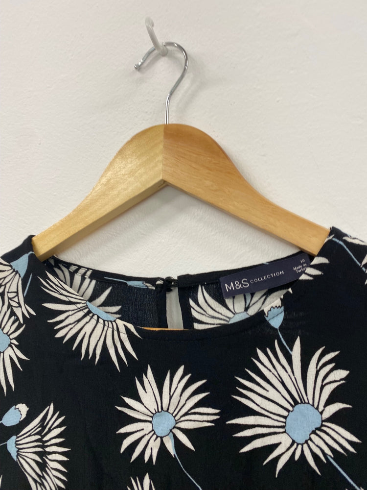 Amazing M&S floral baby blue midi tea Dress UK10 Black HT149