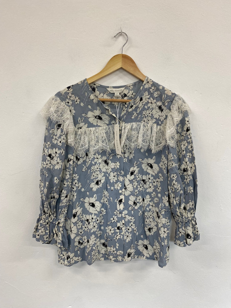 Fabulous M&S x GHOST lace trimmed ornate romantic Blouse UK8 Blue & cream HT149