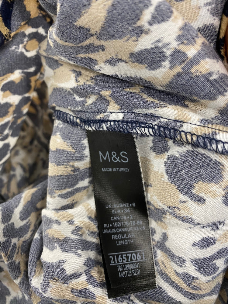 Amazing M&S animal print midi tea Dress UK6 Navy Beige amazing cuffs HT149