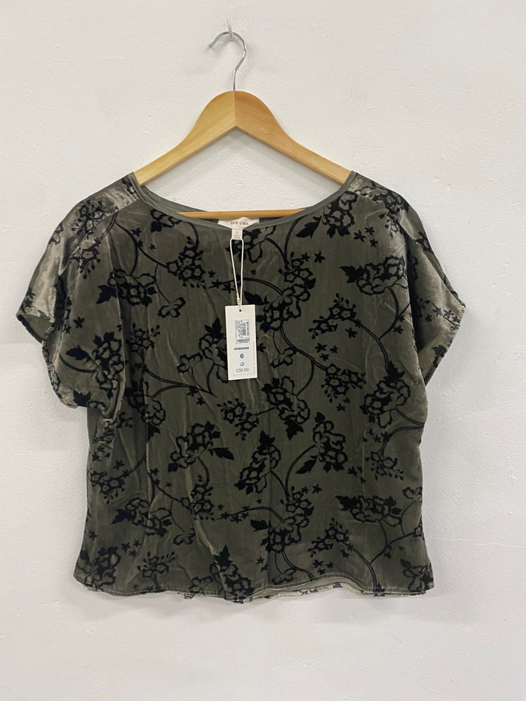 Amazing Per Una velvet Blouse UK6 Olive Green Black swirls oriental HT149