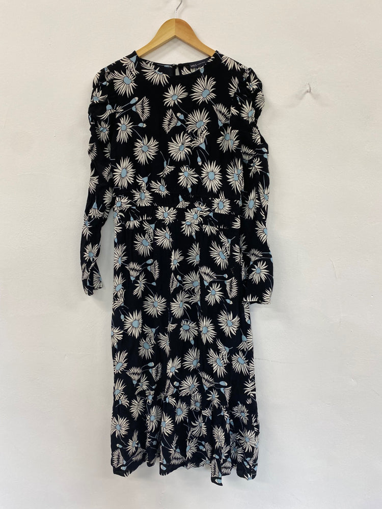 Amazing M&S floral baby blue midi tea Dress UK10 Black HT149