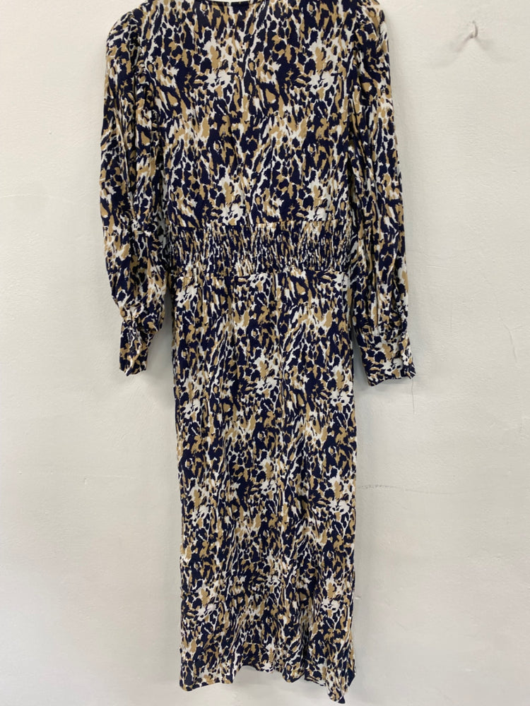 Amazing M&S animal print midi tea Dress UK6 Navy Beige amazing cuffs HT149