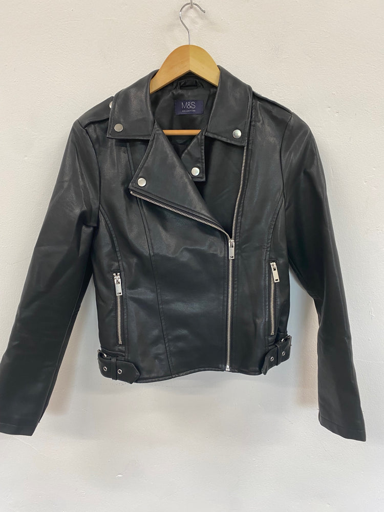 Amazing M&S Biker Jacket classic shape UK8 Black HL149