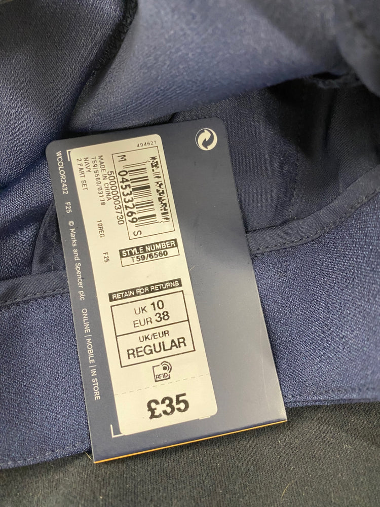 Fabulous M&S Tailored High Rise Tapered trousers UK10 Navy Belted HT149