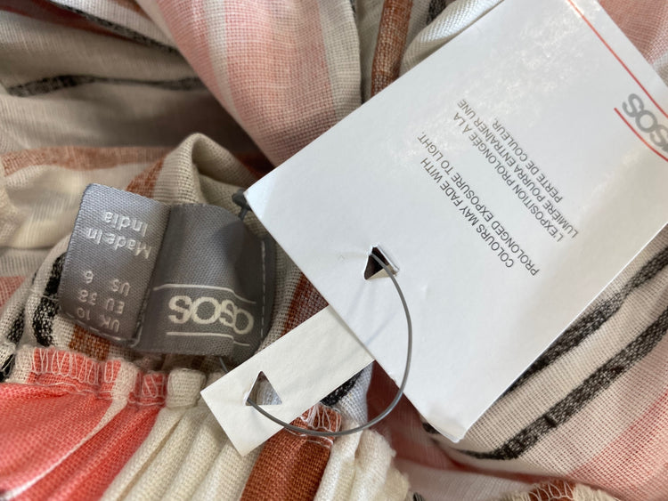 Gorgeous ASOS backless flirty Summer linen striped Dress UK10 Beige pink HG001