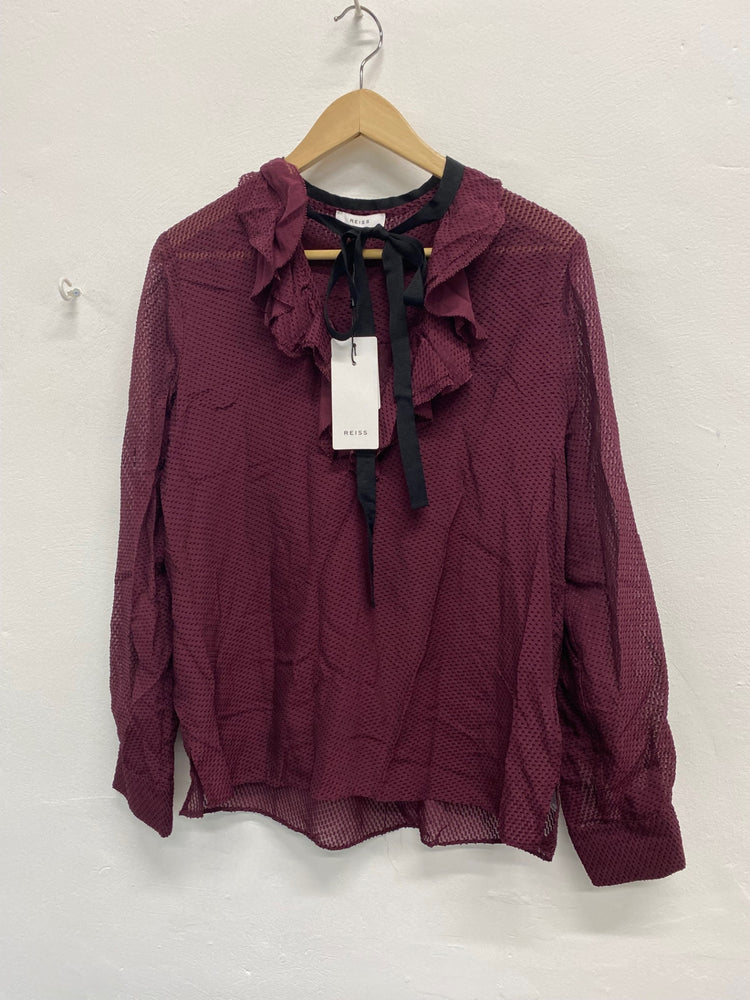 Fabulous REISS textured Mackenzie New Blouse Uk8 Berry Pussy bow semi sheer JM182