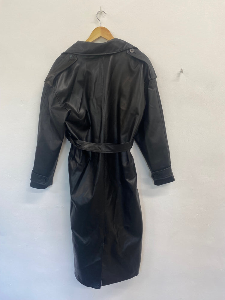 Fabulous Zara Trench Coat UK M Black faux leather city KS002