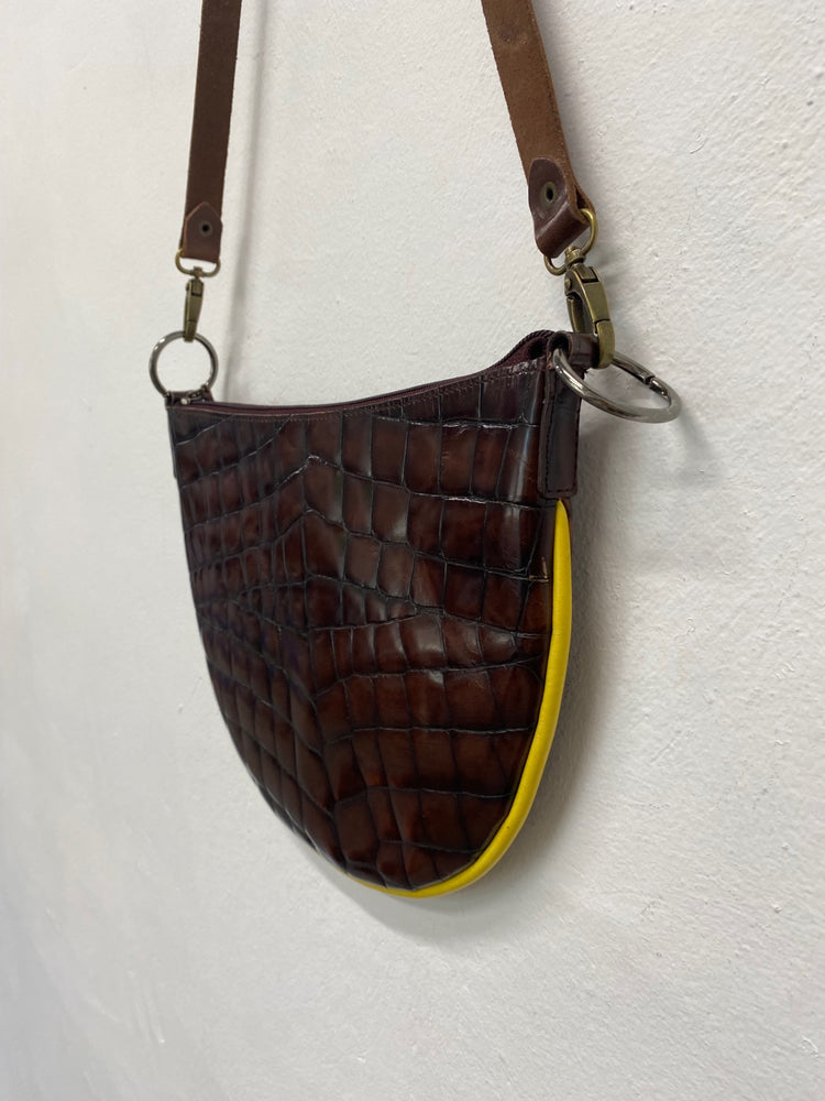 Fabulous Y2K DKNY Moc Croc leather Bag half moon One Size Brown & Yellow BS001