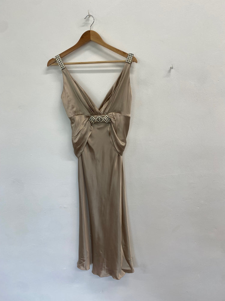 Fabulous Collette dinnegan Dress UK L Beige silk jewel formal GM143