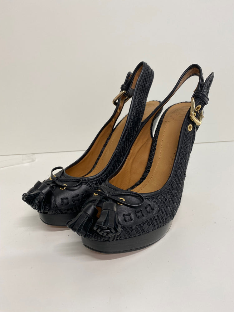 Fabulous Zara braided Peep Toe Sling back Heels UK6.5 Black GM143