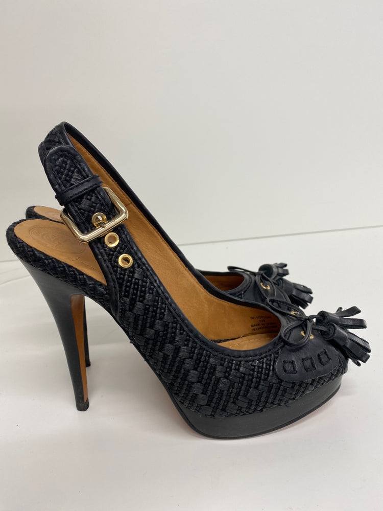 Fabulous Zara braided Peep Toe Sling back Heels UK6.5 Black GM143