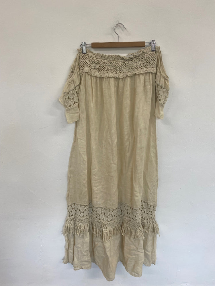 Boho JS Millenium Cream Linen Crochet Maxi Dress One size GM143