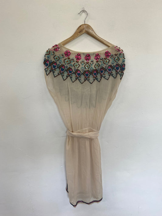 Boho French Connection Beige Beaded Beach Cover UK12 GM143