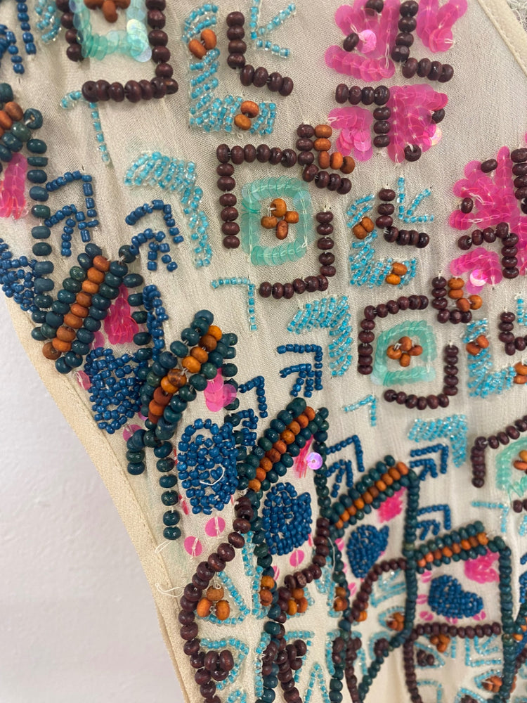 Boho French Connection Beige Beaded Beach Cover UK12 GM143